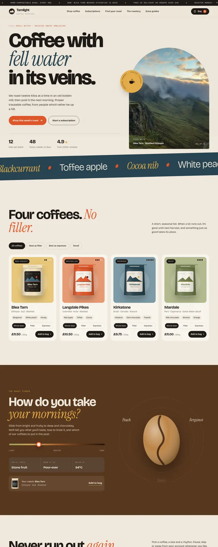 The Tarnlight Coffee concept homepage